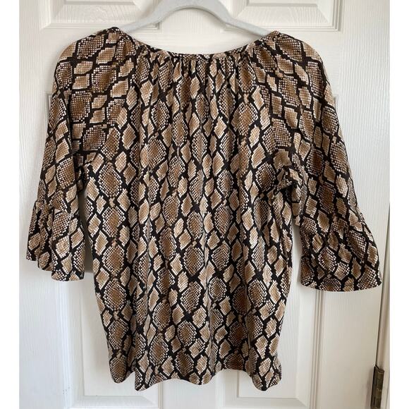 Michael Michael Kors Top Size M Snakeskin Print Short Bell Sleeves Brown Stretch - Picture 2 of 10
